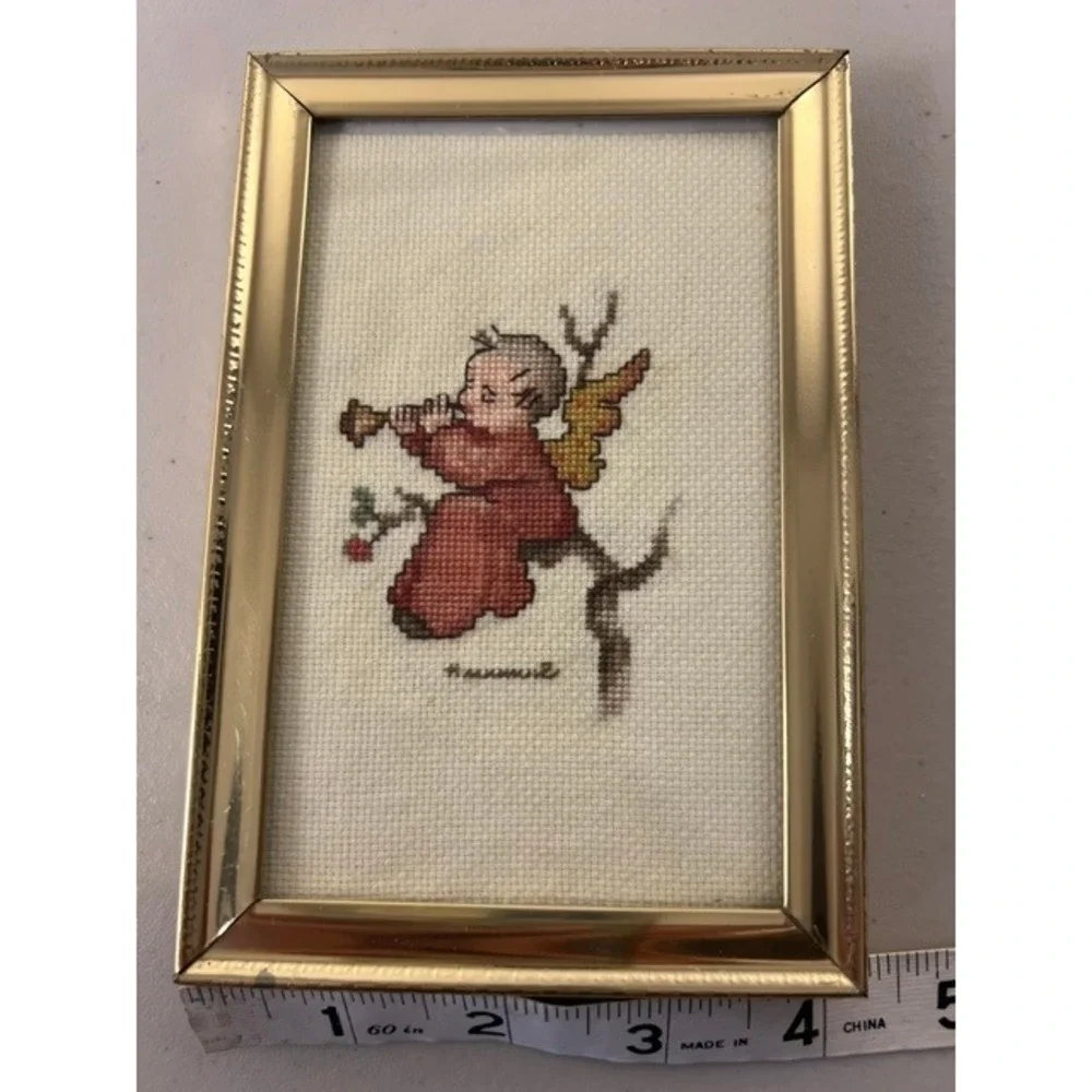 Vintage Hummel Style Framed Cross Stitch Set of 2 Angel & Child Sledding 4x6
